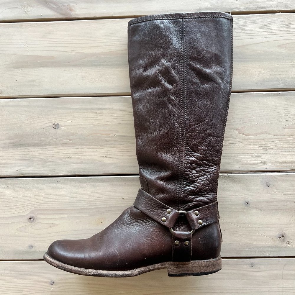 FRYE Phillip Harness Tall Dark Brown Leather Boot 76850 Size 8.5